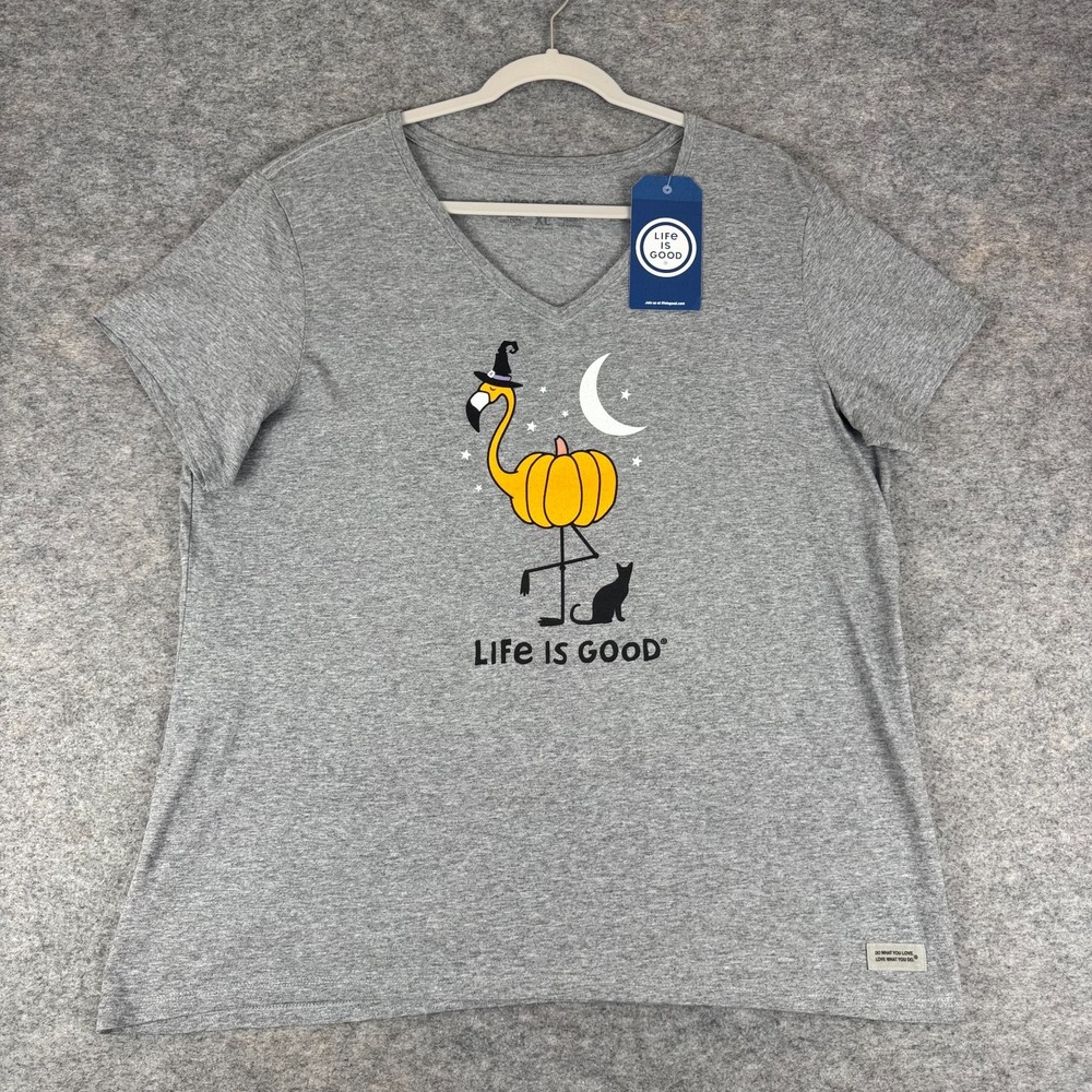 Life Is Good Crusher Lite Tee T-Shirt Halloween Pumpkin Flamingo Cat Womens XL